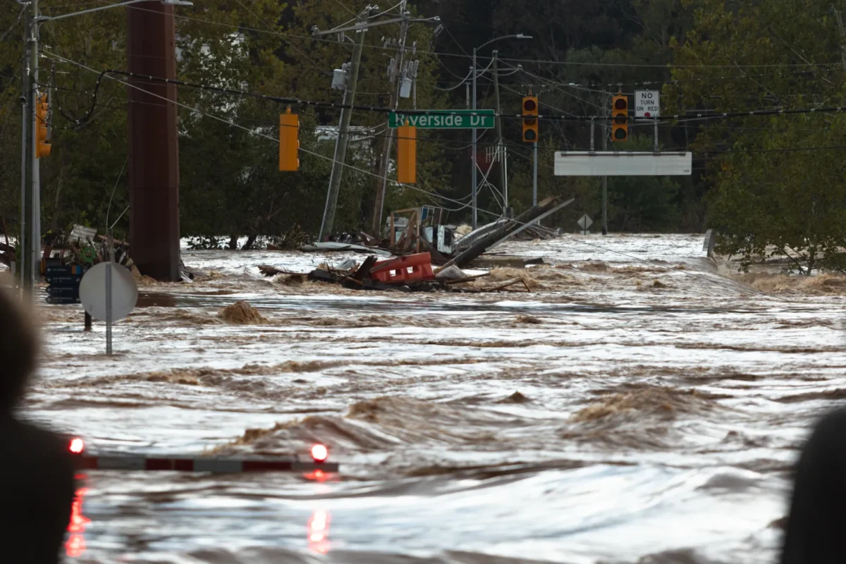 Flooding from the French Broad River in the River Arts District in Asheville, after Tropical Storm Helene swept through on Sept. 27, 2024. Colby Rabon / Carolina Public Press