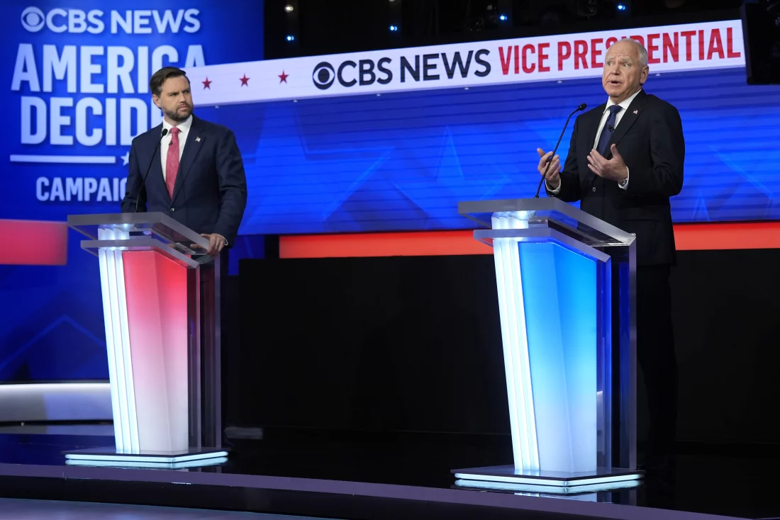 Republican vice presidential nominee Sen. JD Vance of Ohio and Democratic vice presidential nominee Minnesota Gov. Tim Walz participate in a debate hosted by CBS News on October 1st in New York.