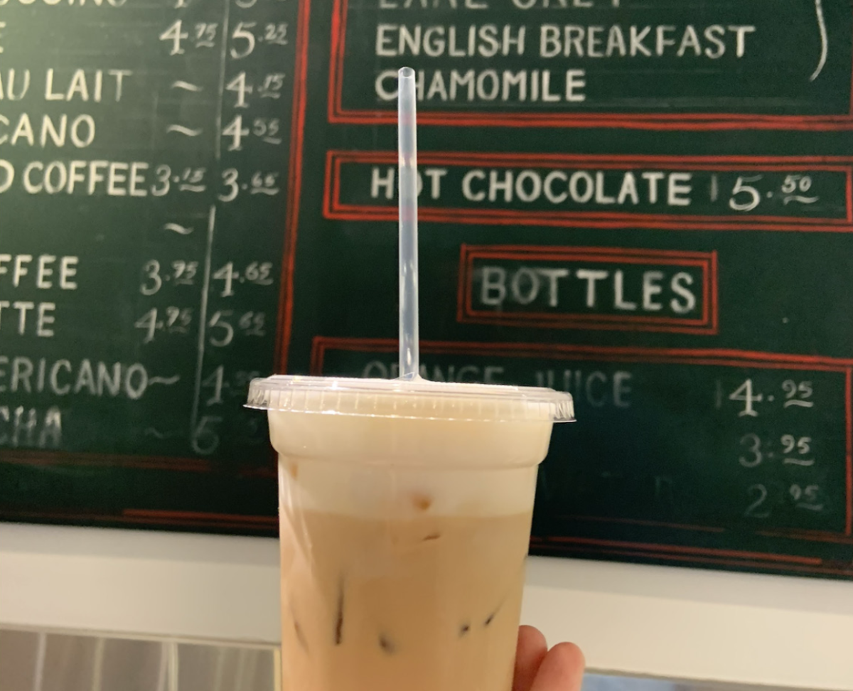 Iced coffee in front of cafe menu.